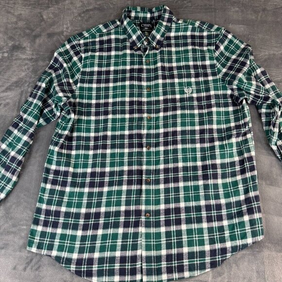 Chaps Cotton Flannel Button Up Shirt Mens 2XL Rustic Green Plaid Long Sleeve - Picture 2 of 9